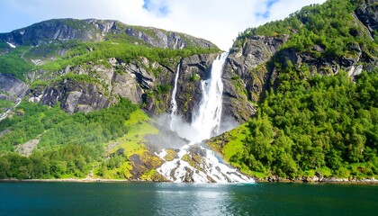 Fototapeta premium Majestic waterfall cascading down rocky mountains into a fjord