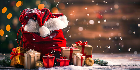 Cozy holiday scene featuring Santa hat, red sack of gifts, snowy ground, and blurred glowing festive lights.