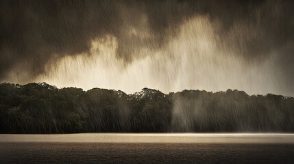 Heavy rain falls on a forest edge and body of water under a dramatic stormy sky weather
