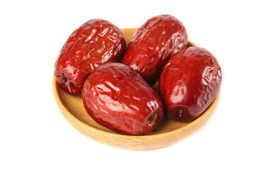 Delicious Dried Dates in Wooden Bowl - Healthy Natural Sweet Fruits on White Background