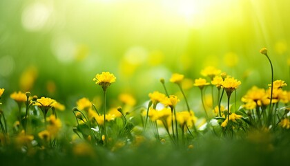 Yellow spring flowers on green meadow background