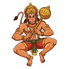 A vibrant flat 2D vector illustration showcases the powerful Hindu deity Hanuman, depicted as a revered monkey god with a majestic aura, set against a pristine white background.