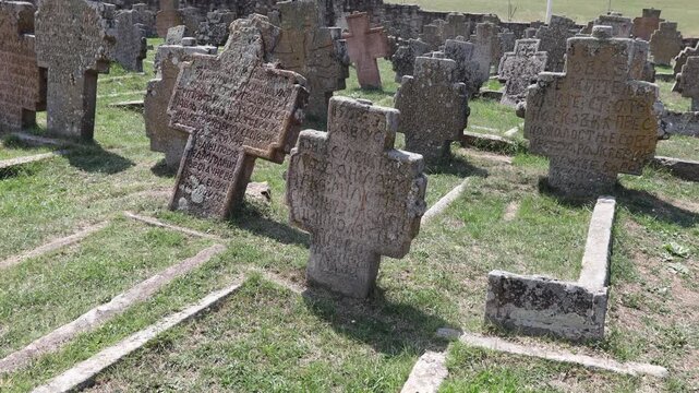 Historic Cemetery With Old Weathered Tombstones Memorial Heritage Site, Serbia
