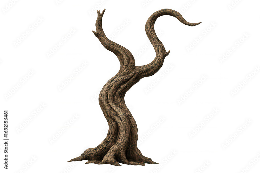 Poster gnarled, twisted tree trunk with textured bark isolated on a transparent background, perfect for com