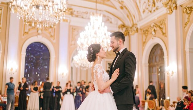 A wedding couple dances in a grand hall
