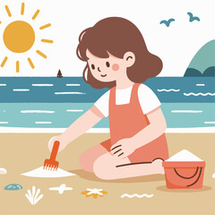 Illustration of a girl playing in the sand on the beach