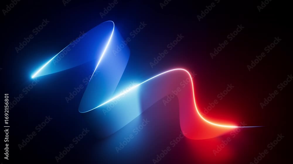 Poster 3d rendered animation of a curvy ribbon glowing with vibrant neon lights in a dark environment. feat
