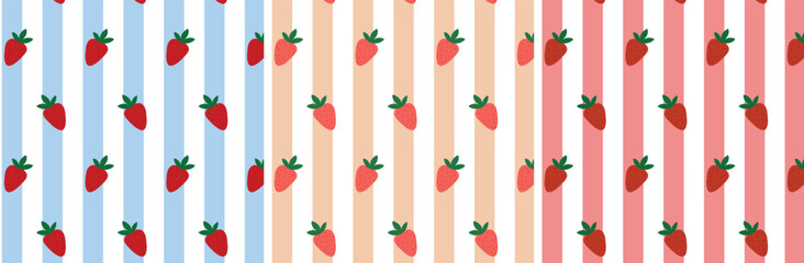 Seamless strawberry pattern with colorful striped backgrounds. Cute fruit design available in three color variations. Perfect for textiles, wrapping paper, wallpaper, and summer-themed decorative.