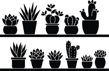 Fototapeta premium Botanical Showcase, Cacti and Succulents, Indoor Garden, Vector Illustration, Minimalist Design, Black Silhouettes, Stylish Decor