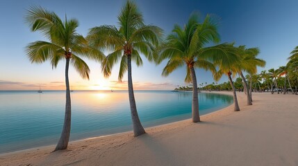 Obraz premium A crisp autumn sunrise reflecting on wet sand at a peaceful shoreline, coconut trees, wide-angle shot, soft glow on the horizon, gentle waves coming in, cozy travel mood, fine art nature photography