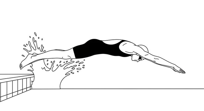 Minimalist black and white line art illustration of a professional female swimmer diving into a pool for a race - Powered by Adobe