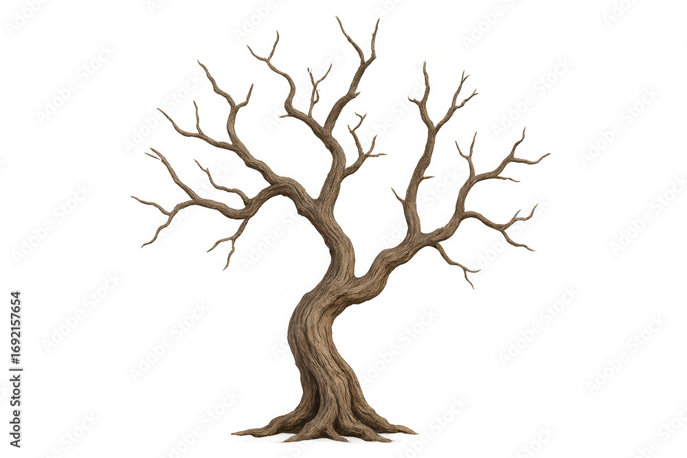 Poster gnarled dead tree with twisted branches isolated on transparent background, perfect for spooky or na