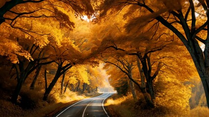 Scenic autumn forest road surrounded by golden trees with warm sunlight shining through branches on peaceful pathway - Powered by Adobe