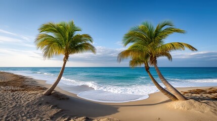 Obraz premium A spring dawn sunrise reflecting on wet sand at a hidden beach, coconut trees, wide-angle shot, soft glow on the horizon, gentle waves coming in, joyful vacation mood, fine art nature photography