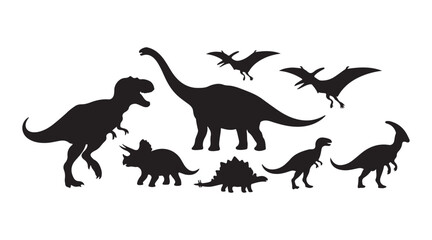 Dinosaurs and icons of Jurassic dino monsters. A vector silhouette showing triceratops or T-rex, brontosaurus or pterodactyl, and stegosaurus, as well as pteranodon or ceratosaurus and parasaurolophus