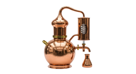 Copper alembic still isolated on transparent background, a traditional distillation apparatus for spirits, showcasing craftsmanship and the art of brewing