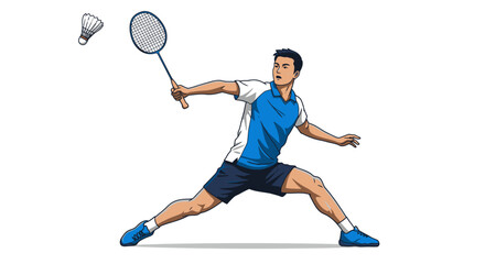 A badminton player lunges racket raised with a shuttlecock in the air set against a plain background