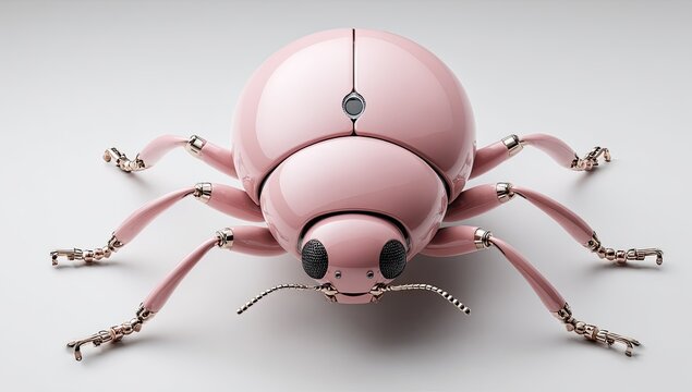 Pink robotic ladybug, top-down view.  Metallic, polished pink exoskeleton, detailed golden joints and legs.  Cute, futuristic design
