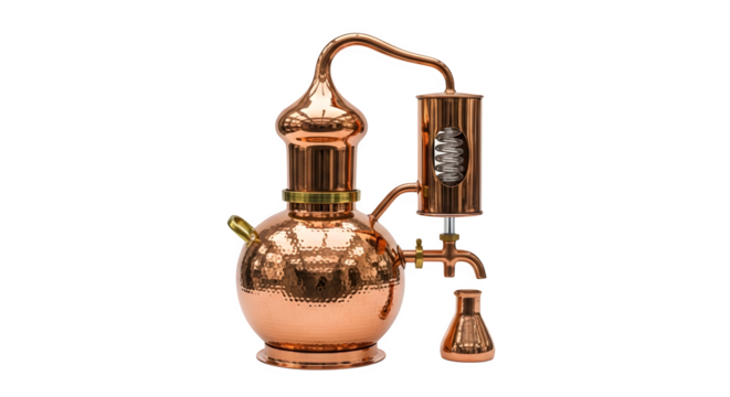 Copper alembic still isolated on transparent background, a traditional distillation apparatus for spirits, showcasing craftsmanship and the art of brewing