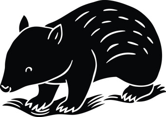 Black and White Silhouette of a Cute Bandicoot Standing on Grass on white background