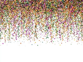 Colorful confetti and streamers falling against a white background