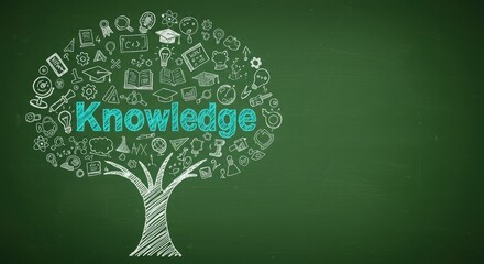 Vibrant tree of knowledge bursts with educational icons and symbols, symbolizing learning, wisdom, and discovery on a green chalkboard background.