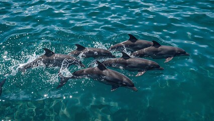Fototapeta premium Beautiful dolphins jump in the ocean waters
