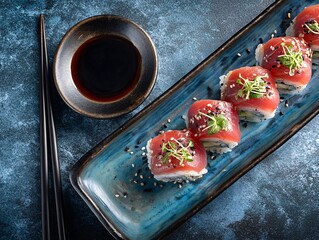 Top-down view of bluefin tuna sushi artfully arranged for a luxurious culinary experience