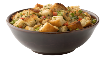 Bowl of savory bread stuffing with herbs and vegetables against a black background