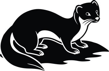 Black and White Silhouette of a Stoat or Ermine on a Rock on white background
