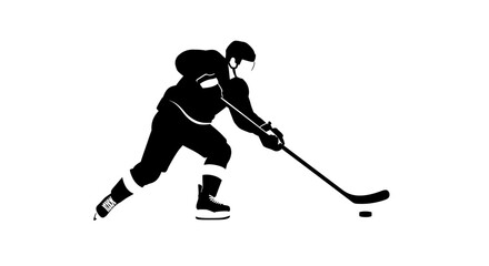 Silhouette of an ice hockey player skating with a puck and stick