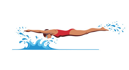Swimmer in red dives in with water splashes around head and hands body straight and level