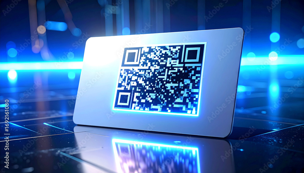Poster qr code on glowing tablet: a sleek tablet displaying a vibrant qr code glows amidst a futuristic, di