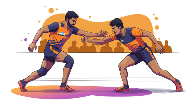 Two kabaddi players lunge hands outstretched amidst an arena setting with spectators