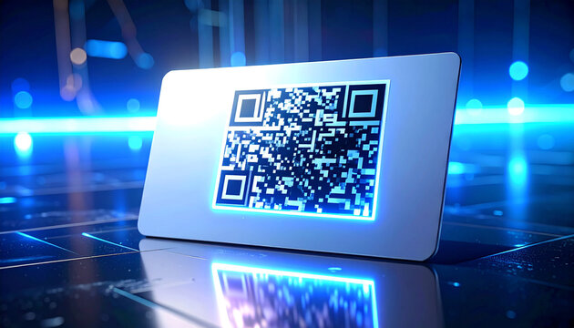 QR Code on Glowing Tablet: A sleek tablet displaying a vibrant QR code glows amidst a futuristic, digital landscape, symbolizing the intersection of technology and information access.  - Powered by Adobe
