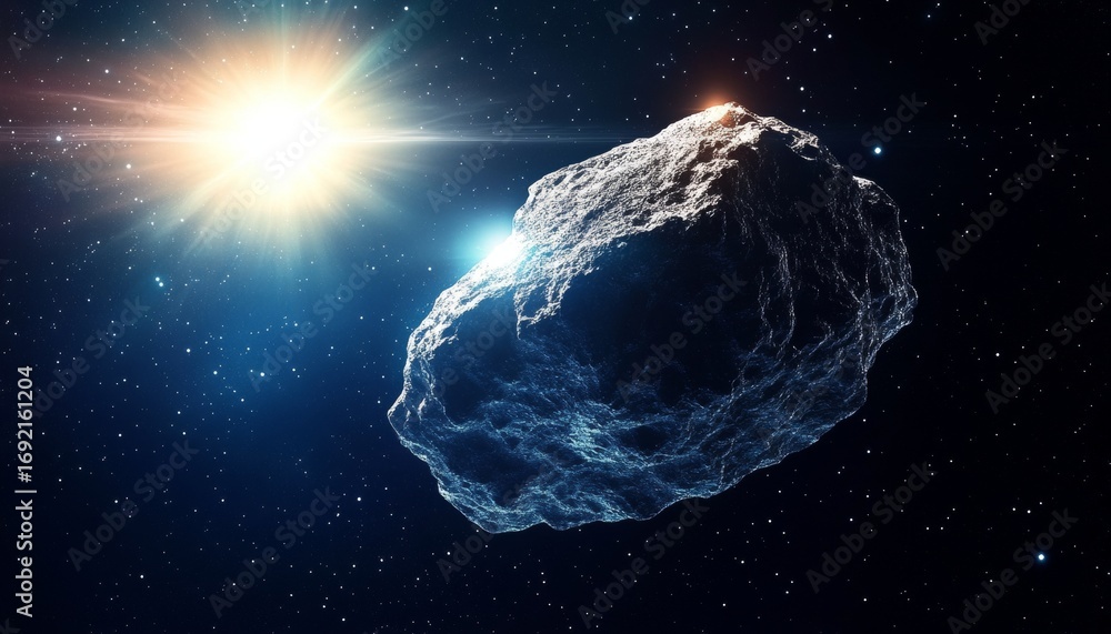 Poster rough cratered asteroid drifting through deep space illuminated by a distant glowing orb
