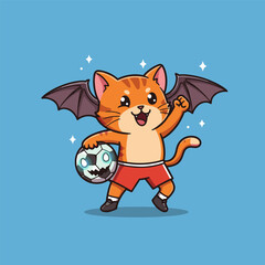 Cartoon orange tabby cat with bat wings, wearing red shorts and black shoes, holding a glowing soccer ball and posing triumphantly.