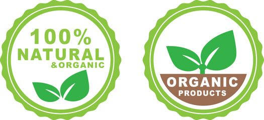 Two green circular badges showcase natural and organic product affirmations with leaves on transparent background