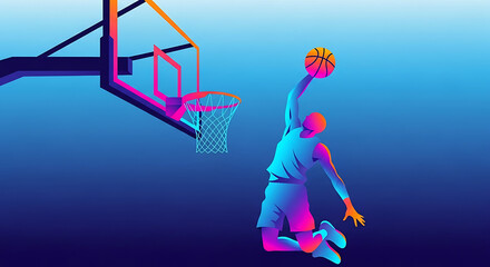 Dynamic basketball player in mid-air, executing a powerful slam dunk with vibrant neon-like colors against a gradient blue background, capturing the intensity of the sport