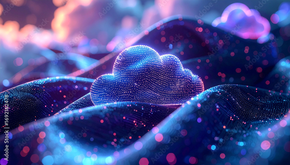 Poster cloud data landscape: futuristic visualization of digital clouds, representing data storage and clou