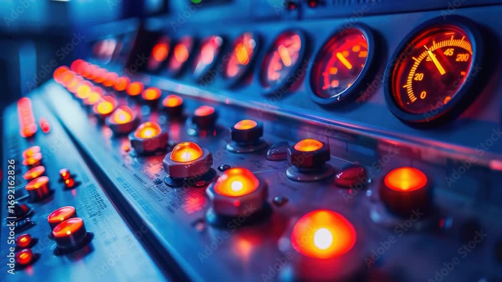 Poster a close-up view of a control panel with red indicator lights illuminated