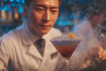 Bartender presenting a smoky cocktail in a martini glass.