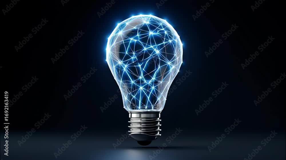Poster luminous light bulb emerging amid interconnected digital plexus network, symbolizing technological i