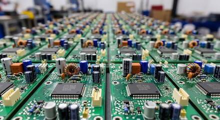 Obraz premium Printed Circuit Boards Array Precision Electronics Components, Circuitry at Scale