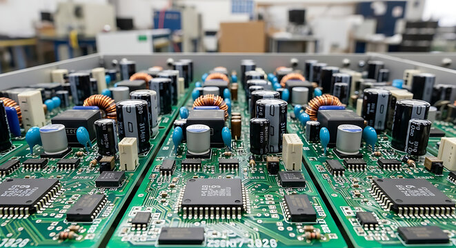 Modern electronic circuit boards with integrated circuits and components in a manufacturing facility