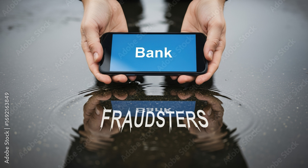 Poster phone fraud with mobile device displaying bank name and reflection of 'fraudsters' in water, warns o