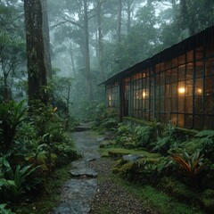 Cozy wooden cabin in a misty forest with lush greenery and path.