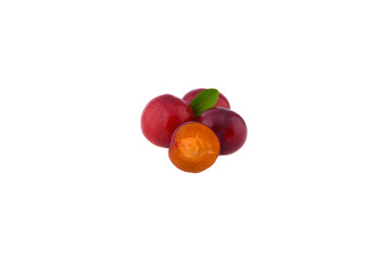 red cherry plum with leaf isolated on white background.