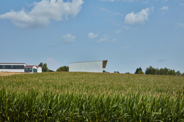 Modern silver building and traditional farm structures overlooking a lush green cornfield under a bright blue sky with scattered clouds