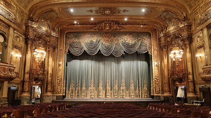 A grand opera house with velvet curtains and golden embellishments.